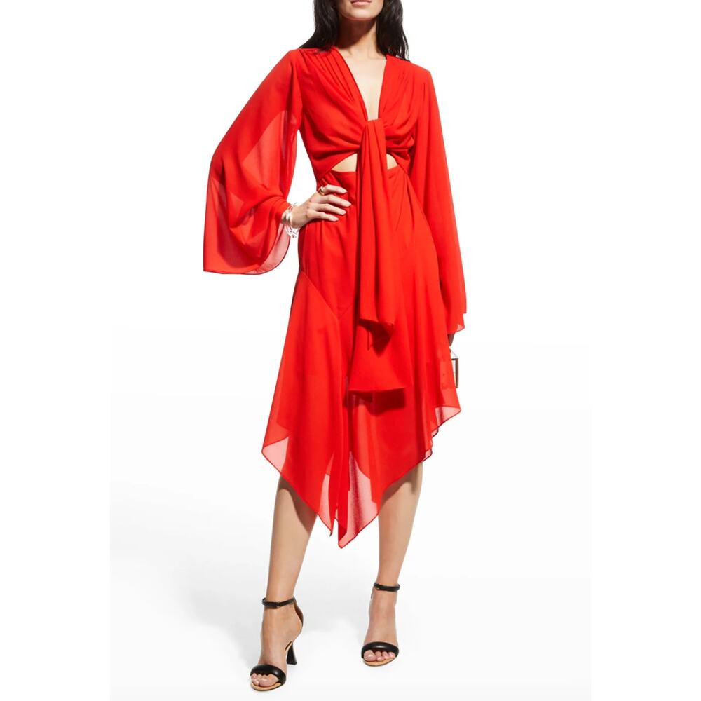 One 33 Red Bell Sleeve Tie Front Asymmetrical Georgette Silk Dress Sz 8 NEW $330